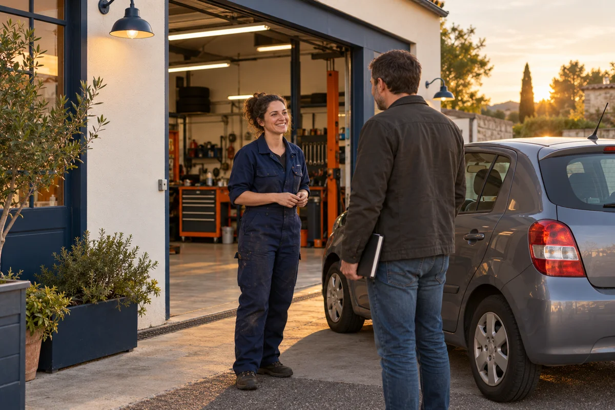 Une mécanicienne accueille un automobiliste devant un petit garage indépendant.