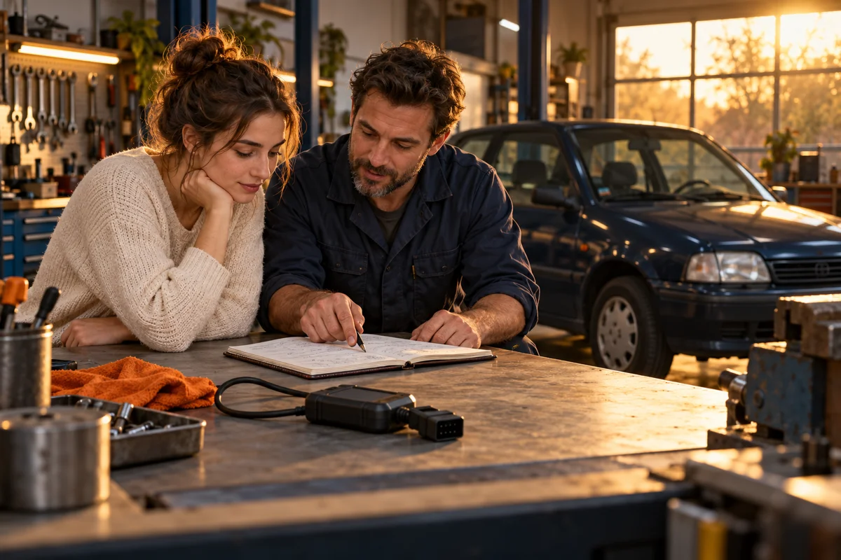 Une automobiliste et un mécanicien relisent ensemble un carnet d’observations dans un atelier.