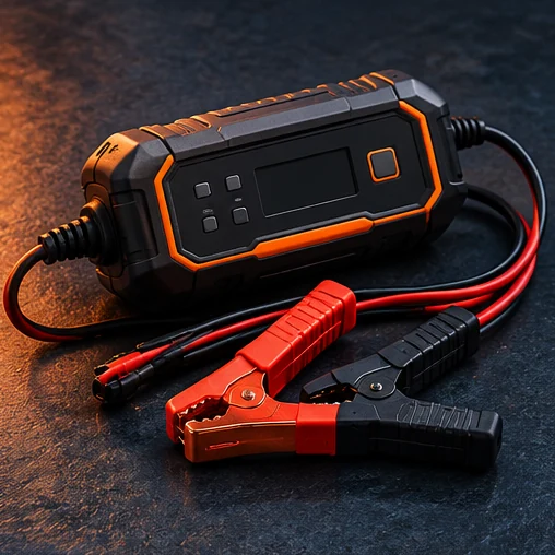 Un chargeur de batterie et ses pinces, sans marque.