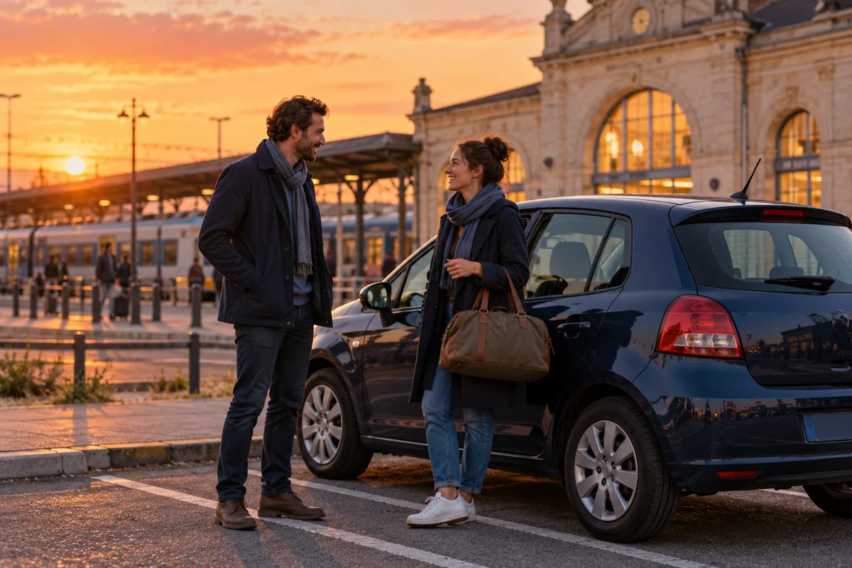 Deux adultes échangent près d’une voiture sur le parking d’une gare.