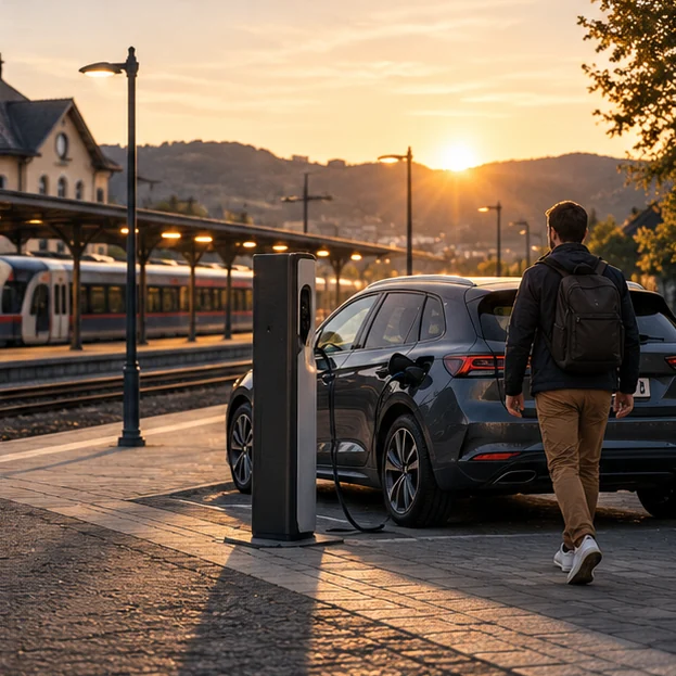 Une voiture partagée stationnée près d’une gare.