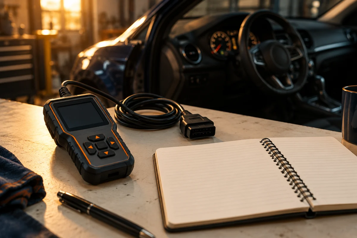 Un lecteur OBD débranché, son câble et un carnet sur un établi.