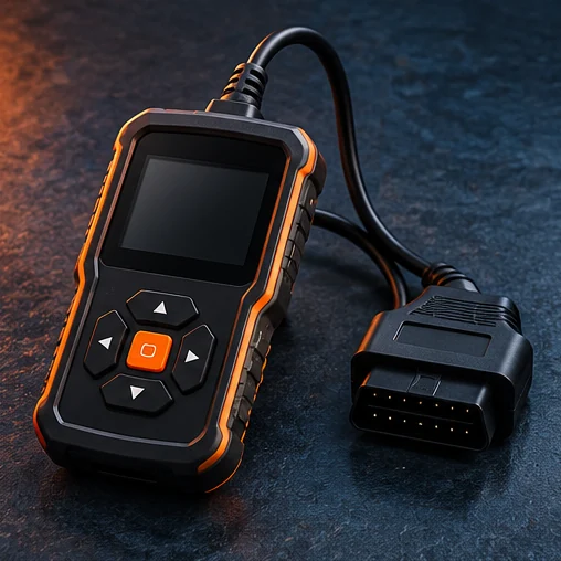 Un lecteur de diagnostic OBD sans marque et son câble.