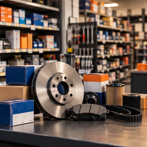 Des rayonnages de pièces dans un magasin automobile.
